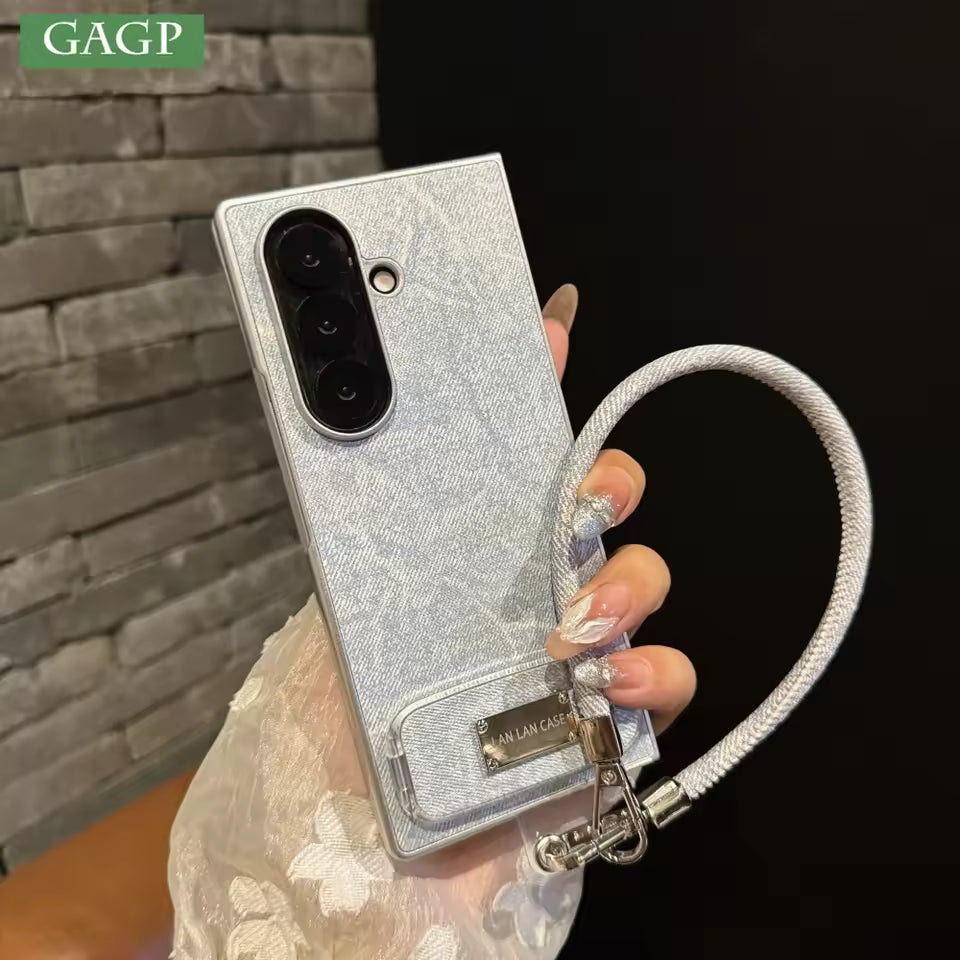 Luxury Denim with Bracket Lanyard Samsung Fold Case