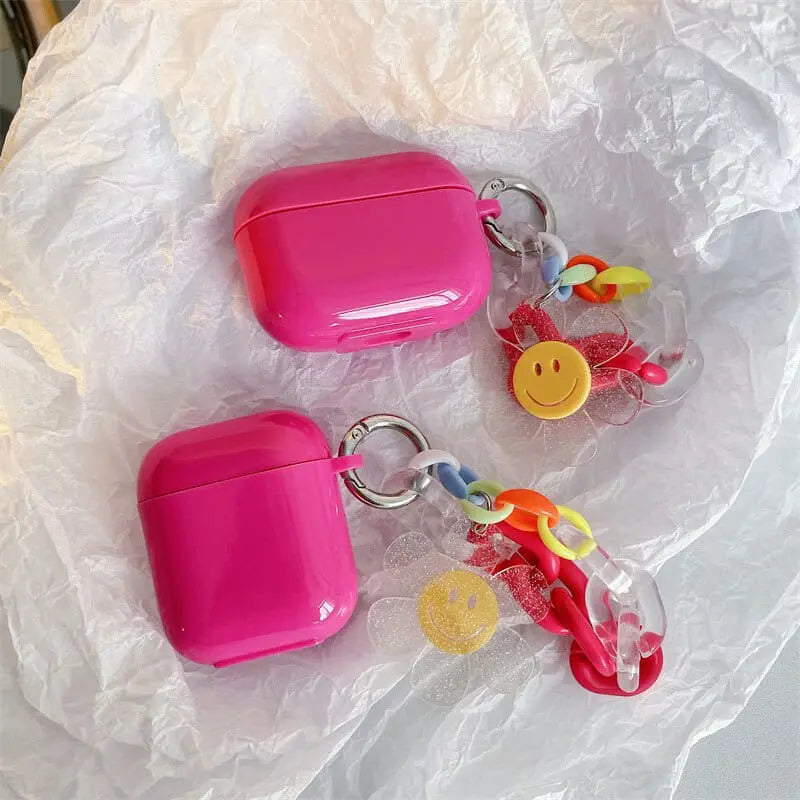Hot Pink Smiley Floral Chain Airpod Case - ThePhoneCart