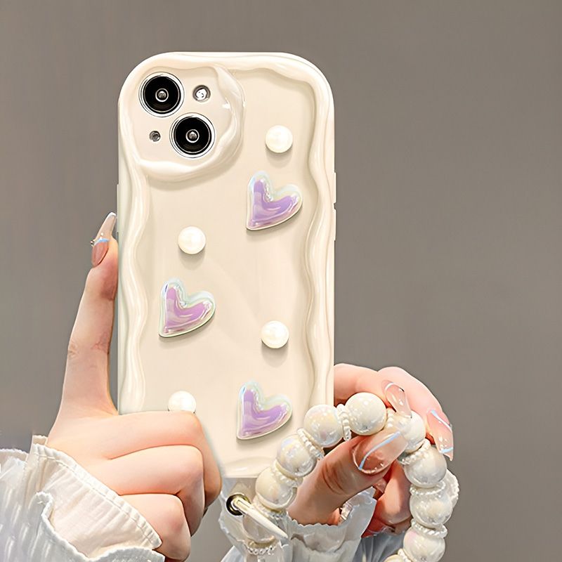 Milky White 3D Pearl and Heart iPhone Case with Charm - ThePhoneCart