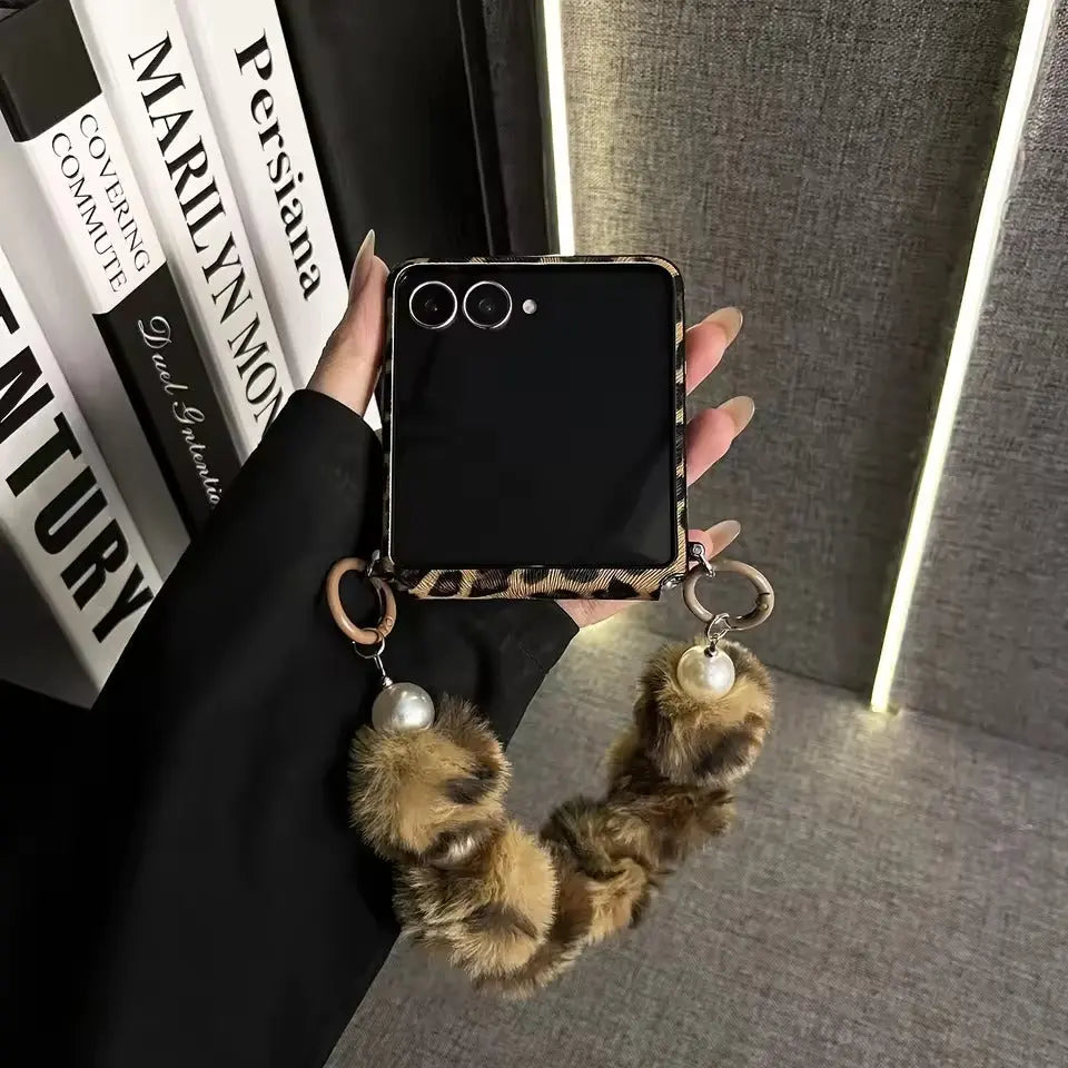 Leopard Fur Ball Chain Samsung Flip Cover ThePhoneCart