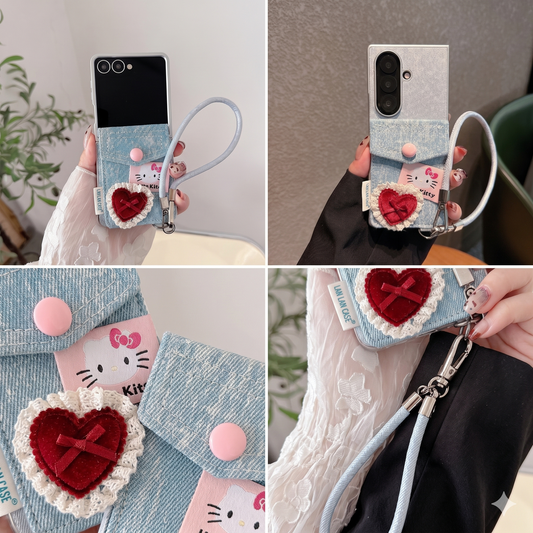 Elite Denim & Pearl Hello Kitty Charm Flip Fold Case ThePhoneCart