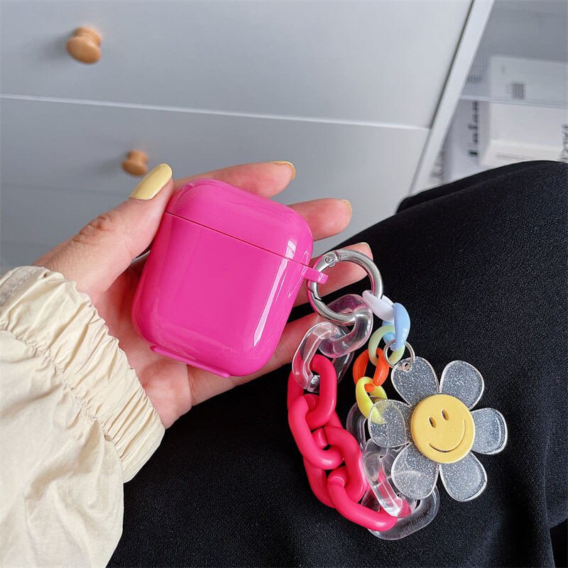 Hot Pink Smiley Floral Chain Airpod Case - ThePhoneCart