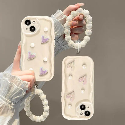 Milky White 3D Pearl and Heart iPhone Case with Charm - ThePhoneCart