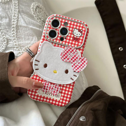 Hello Kitty Red Checkered iPhone Cover with 3D Bow featuring a plush bow and durable TPU material.