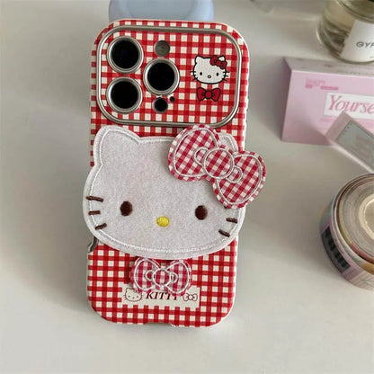 Hello Kitty Red Checkered iPhone Cover with 3D Bow showcasing its cute design and plush 3D bow accent.