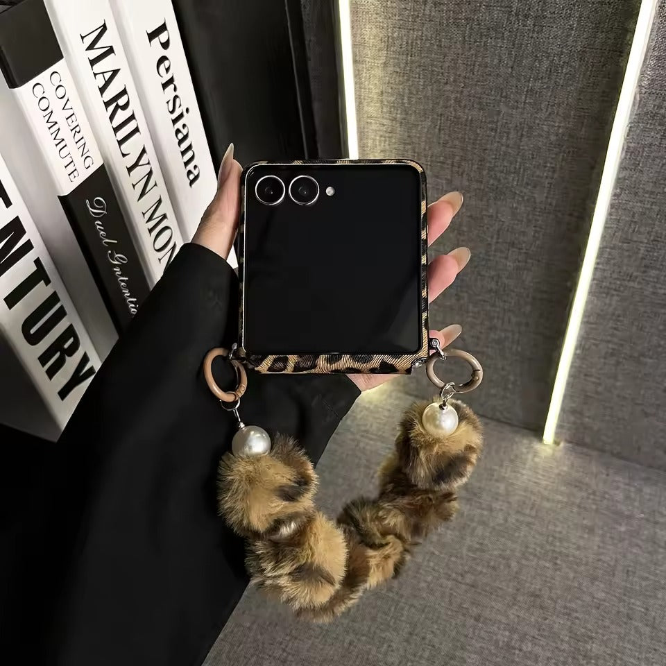 Leopard Fur Ball Chain Samsung Flip Cover