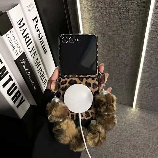 Leopard Fur Ball Chain Samsung Flip Cover ThePhoneCart