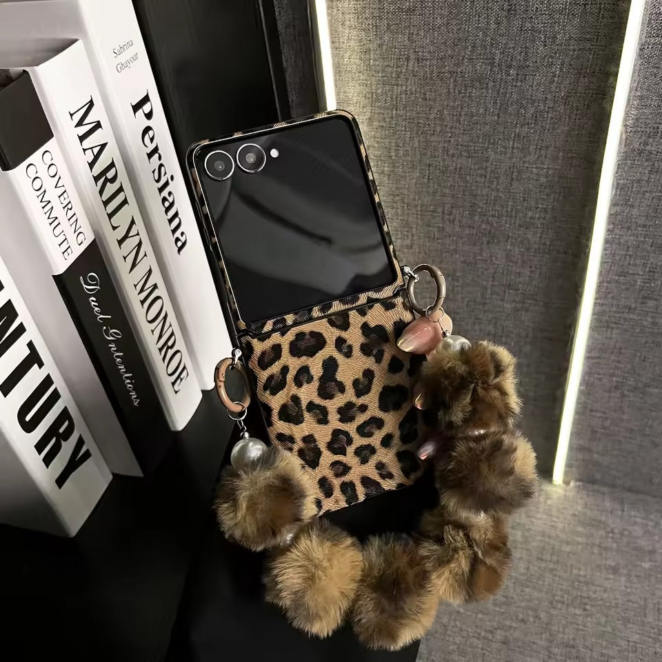 Leopard Fur Ball Chain Samsung Flip Cover