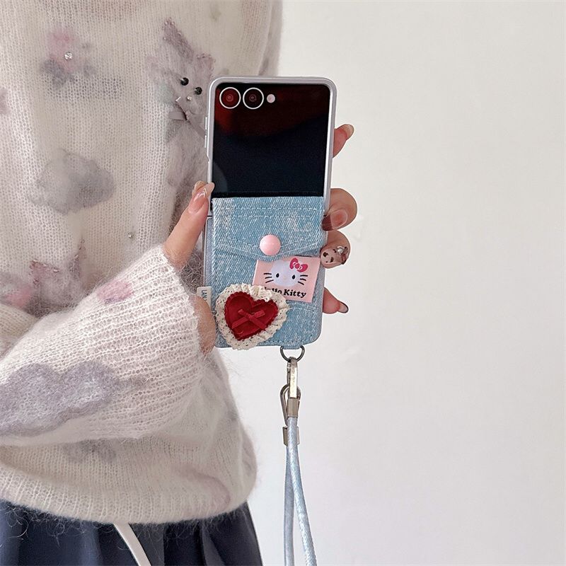 Elite Denim & Pearl Hello Kitty Charm Flip Fold Case ThePhoneCart