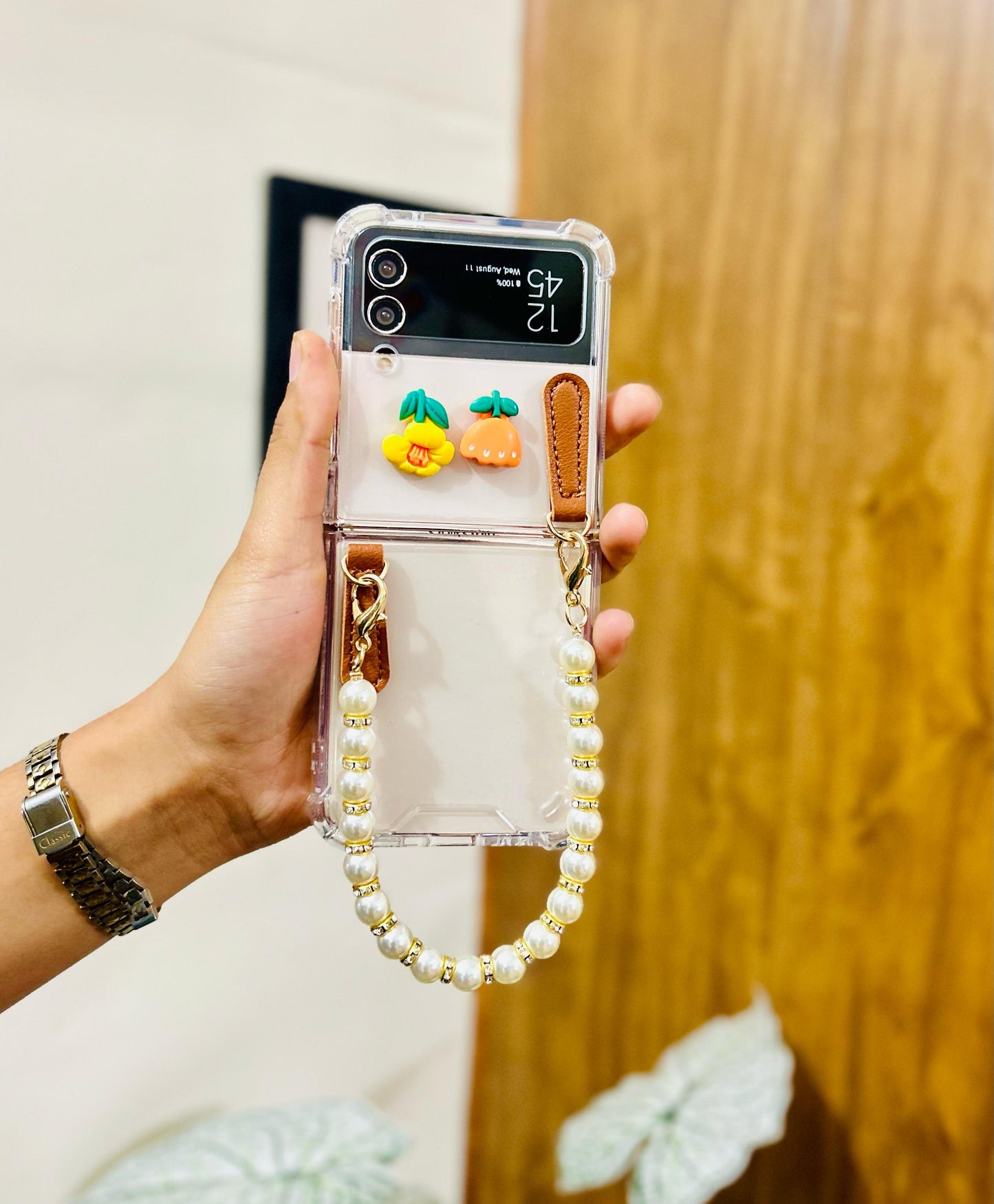 Flower Pearl Chain Transparent Samsung Cover