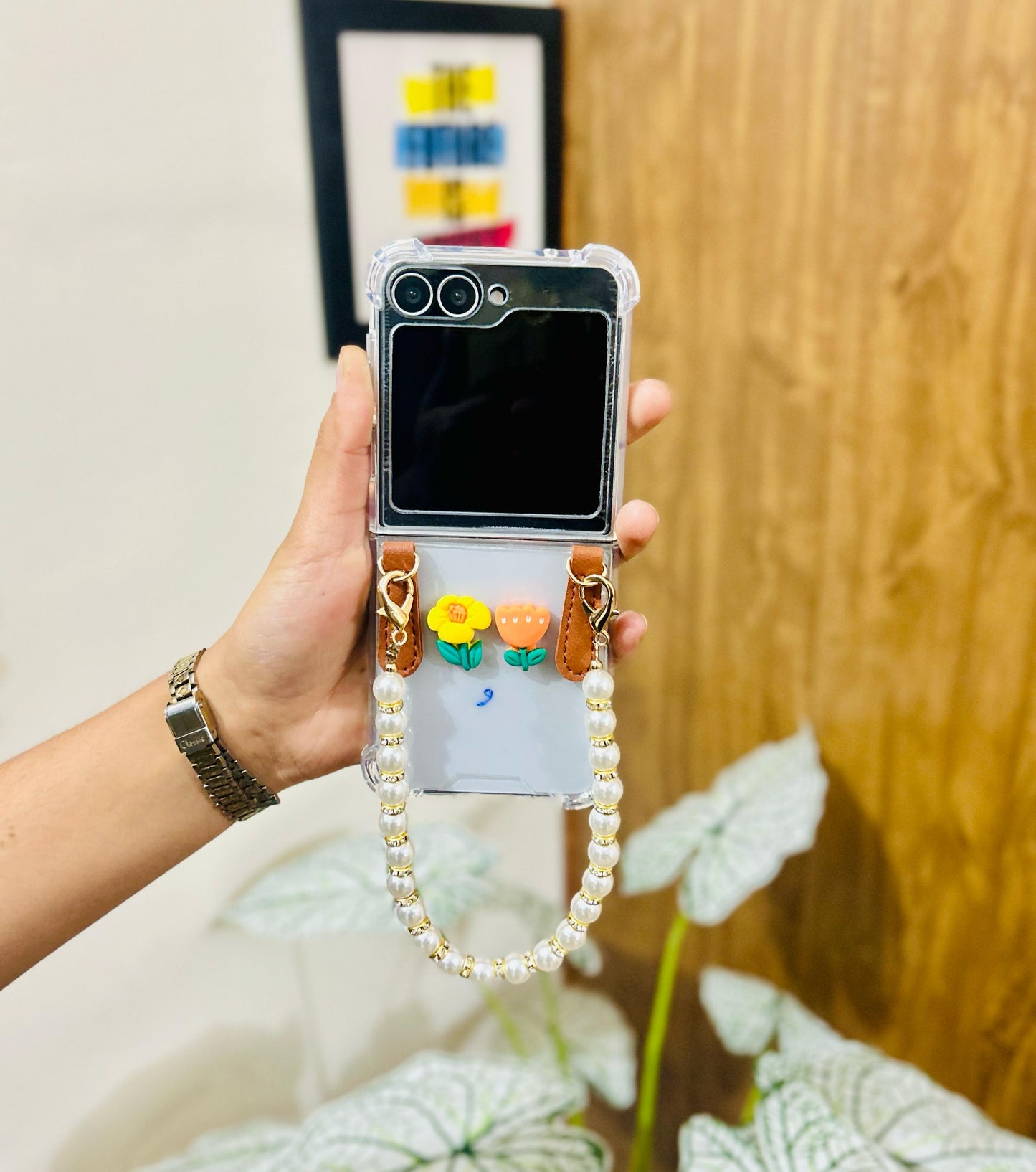 Flower Pearl Chain Transparent Samsung Cover