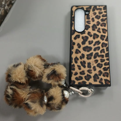 Leopard Fur Ball Chain Samsung Flip Fold Cover