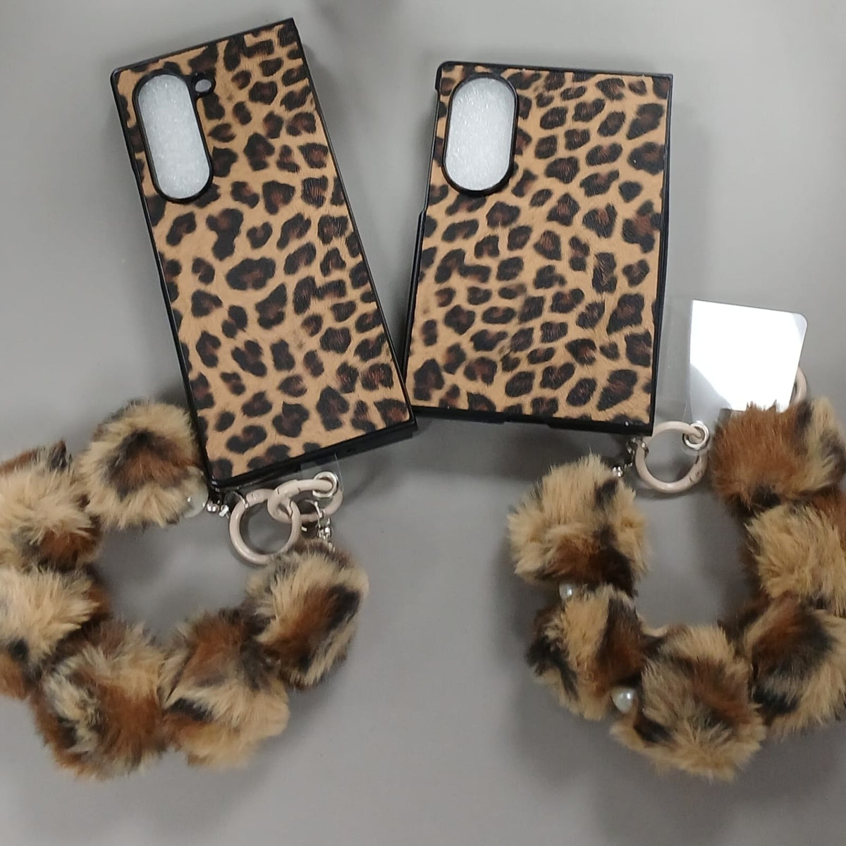 Leopard Fur Ball Chain Samsung Flip Fold Cover
