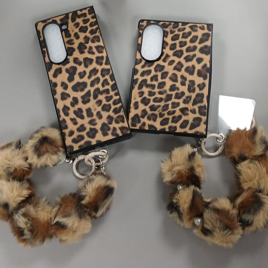Leopard Fur Ball Chain Samsung Flip Fold Cover