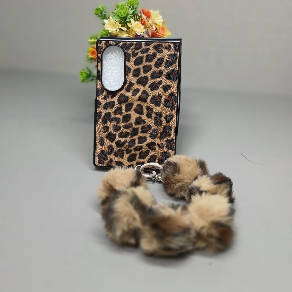 Leopard Fur Ball Chain Samsung Flip Fold Cover