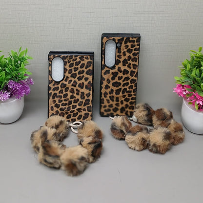 Leopard Fur Ball Chain Samsung Flip Fold Cover