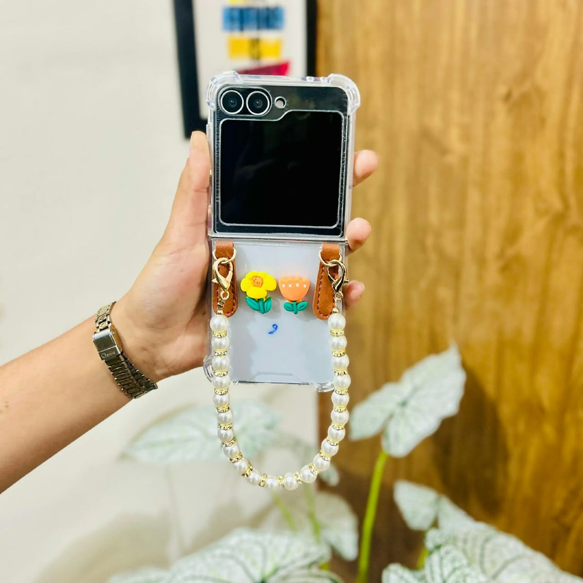 Flower Pearl Chain Transparent Samsung Cover